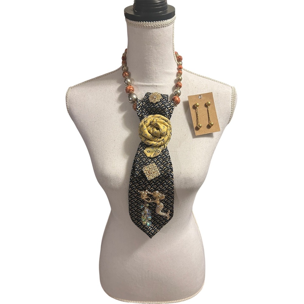 Tommy Hilfiger Upcycled Silk Tie Statement Necklace Mermaid Brooch Earring Set - Picture 7 of 10